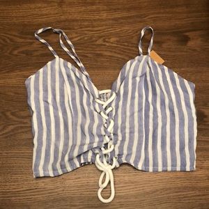 Lace up blue stripe crop top